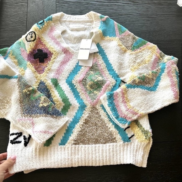 NWT ZADIG & VOLTAIRE sonny kilim carpet intarsia pullover sweater size medium - Picture 3 of 8